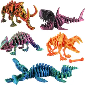 PowerTRC 5PCS 3D Printed Dinosaur Skeletons, Fidget Toys, Mosasaurus Ankylosaurus Mammoth Shark Sabertooth Tiger Fidget Toy, 3D Printed Dragon Animals Toys, Articulated 3D Figurine Stress Relief Toy