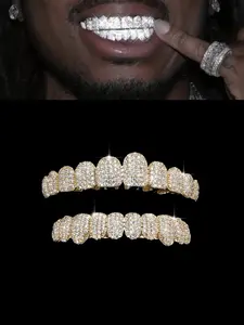 1PC/2PCS/SET 18K Golden Plated Cubic Zircon Grillz Teeth 10 Teeth Top Bottom Grills Iced Out Mouth Punk Tooth Braces Cosplay Rapper Jewelry Accessory
