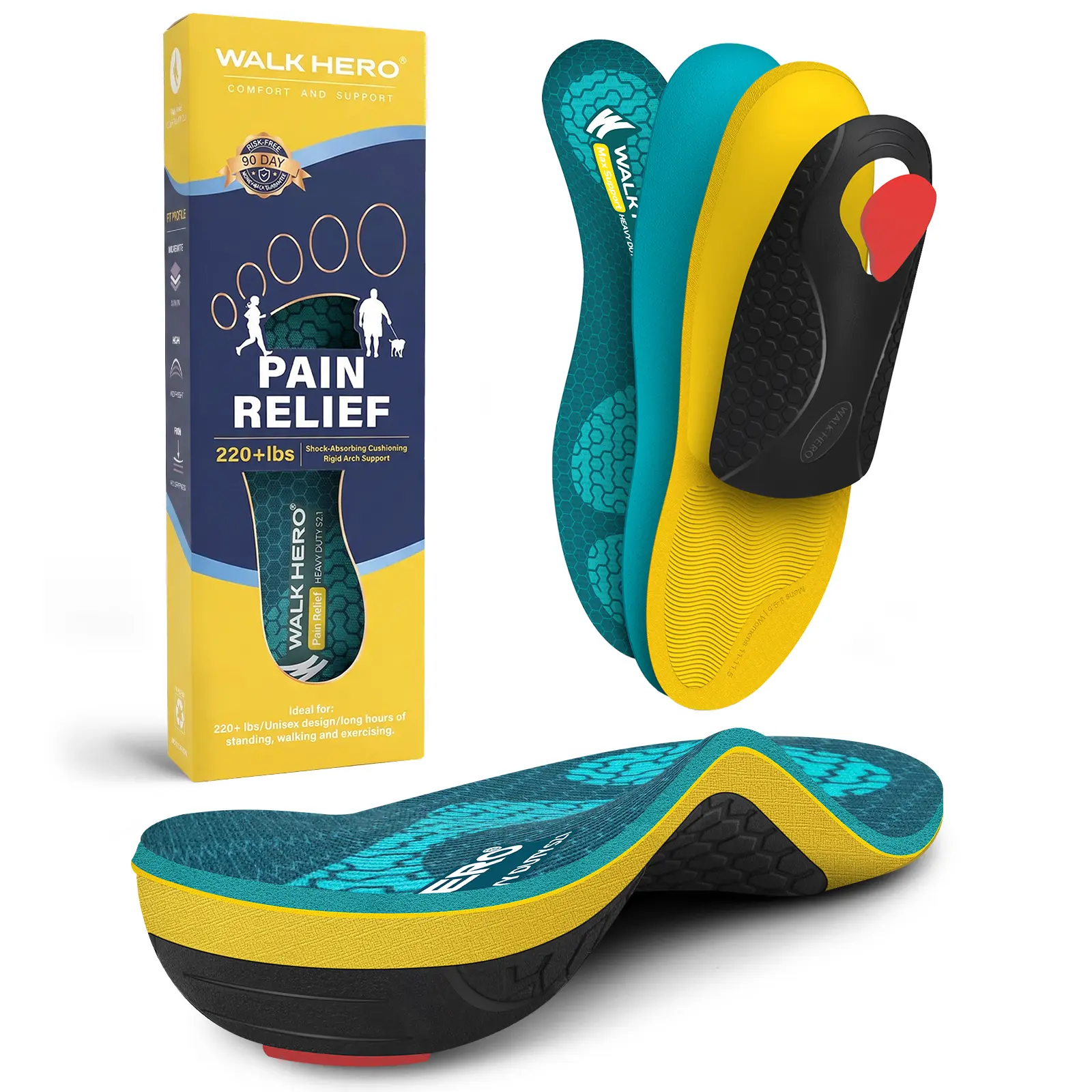 WalkHero Heavy Duty Orthotics Insoles, Plantar Fasciitis High Arch Support Shoe Inserts for 220+lbs, Remain Comfortable After Standing All Day