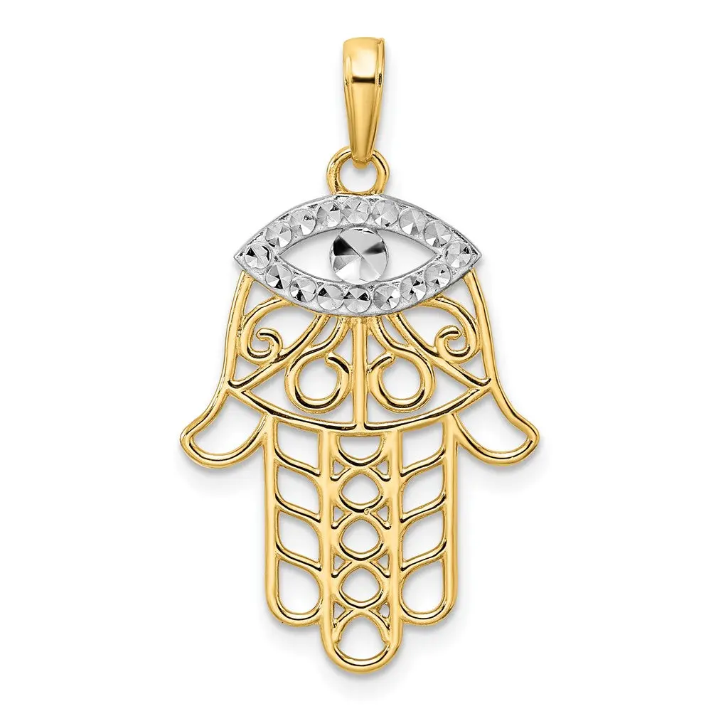 14k Yellow & Rhodium 18.95 mm  D/C Evil Eye Hamsa Pendant (1.95 grams)