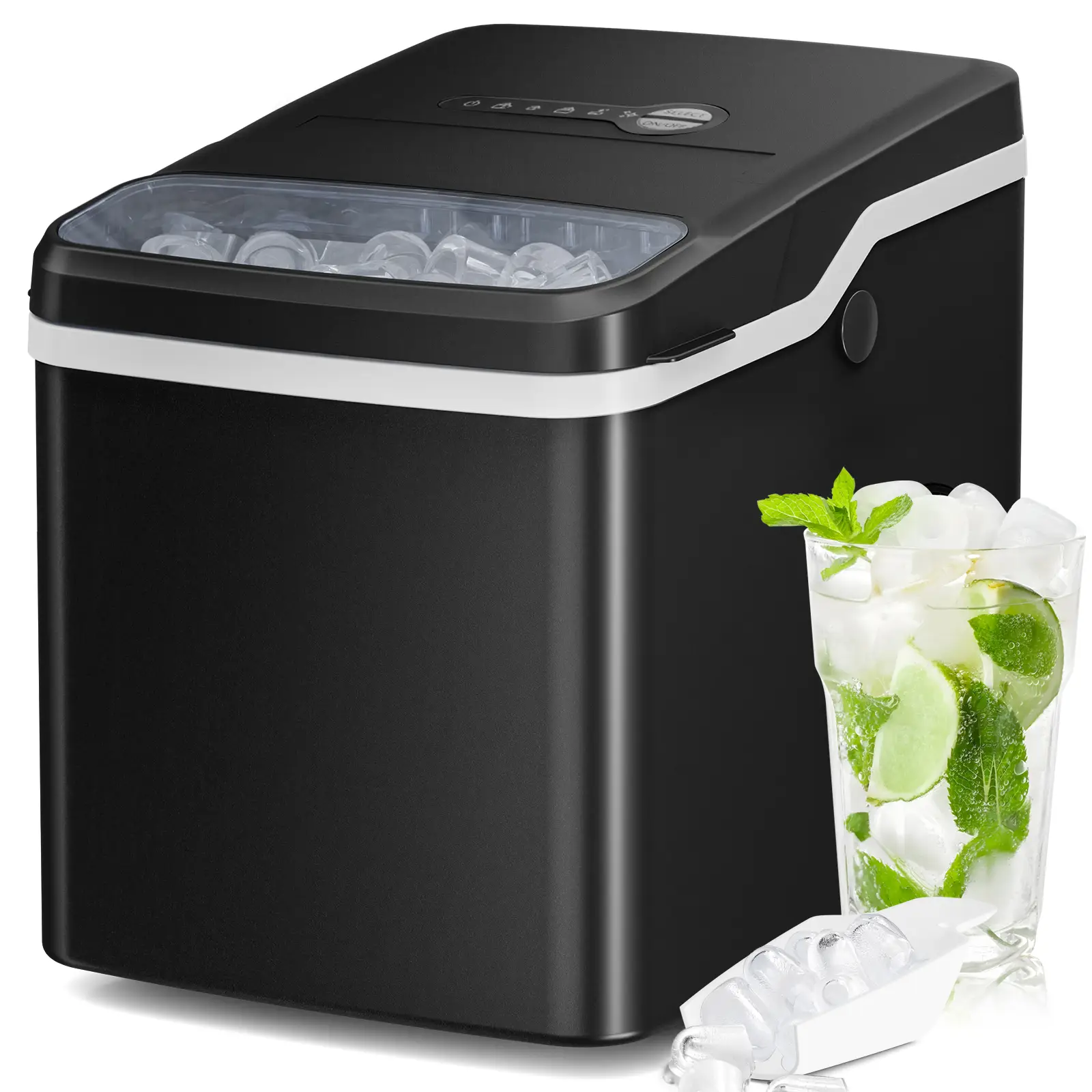 Ice Maker Countertop with Auto-Cleaning, 26Lbs/24Hrs, 9 Cubes in 6 Mins, One-Click Button, 2 Sizes of Bullet Ice, Energy Saving Ice Machine, for Kitch