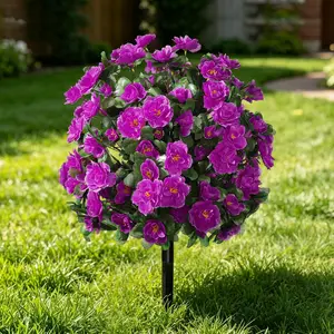 Artificial Flowers for Outdoor with Ground Spike, 22" Faux Azalea Silk Floral Topiary Ball Bushes Shrubs for Garden Yard Patio Home Decor, UV Resistant (Fuchsia)