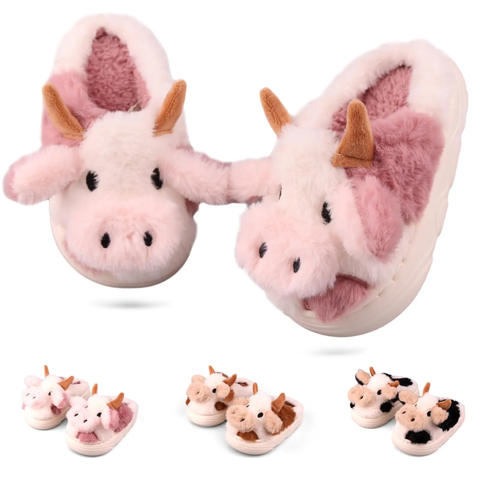 DIOLV Cow Shaped Slippers for Kids & Adults, Cute Cartoon Fuzzy Plush Slides with Memory Foam & Non-Slip Soles, Cute Cartoon Slides, Thanksgiving, Mother's Day, Lovers, Christmas, Birthdays, Fuzzy Plush Keeps Toes Cozy Indoors, All Seasons, House Slippers
