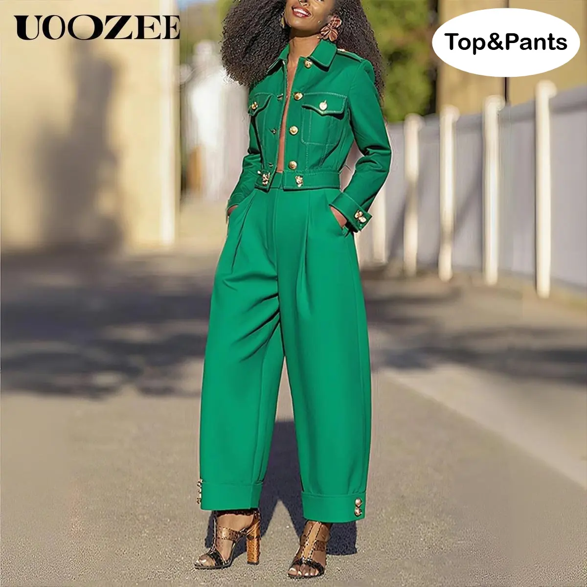 UOOZEE Women's Slim Elegant 2-Piece Collared Cotton Suit Set - 100% Cotton Long-Sleeve Buttoned Lapel Jacket with Pockets, High-Waisted Wide Leg Pleated Pants, Warm & Cozy Polished Thin Fabric, Casual Office Use (Broad-Shouldered Wearers Size Up), Fit, Wa