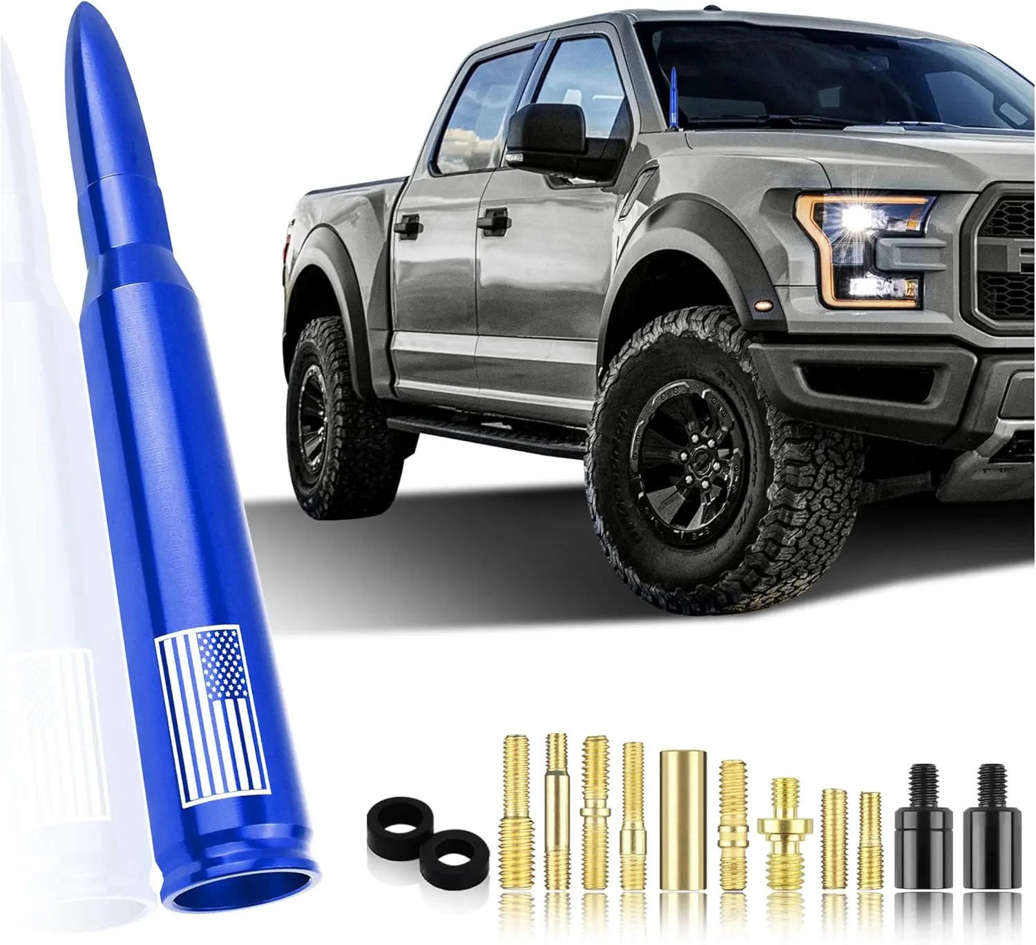 Blue Stubby Bullet Auto Antenna - Anti-Theft, Car Wash Safe Replacement Antenna, Carbon Fiber Exterior Accessory for Ford F150, RAM, GMC, Cadillac Trucks