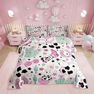 Feelyou Western Bull Skull Polyester Fiber Blanket Bedding Set - Pink Cowgirl Boot, Cow Print, Horseshoe Duvet, U-Stitching, Multi-Size, Travel-Ready for Girls