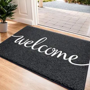 Black Door Mat Welcome Mats Outdoor Indoor Non-Slip Doormat for Entryway Low-Profile Floor Mat for Yard, Garage, High Traffic Areas (30"x17.5", Black)