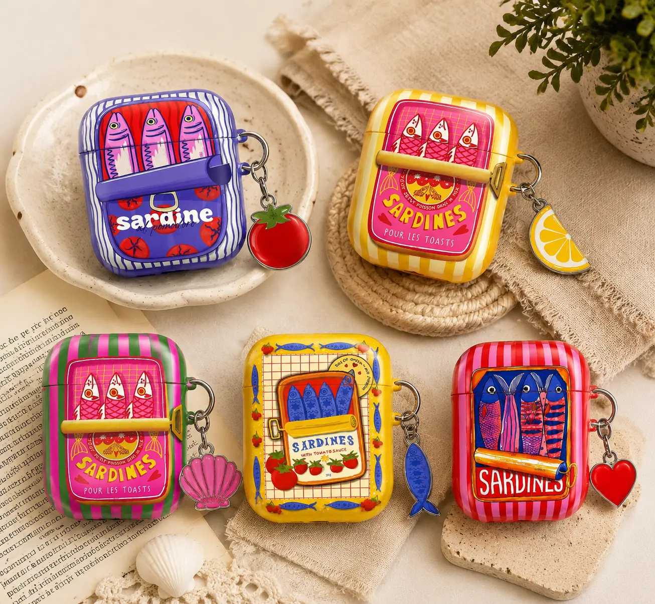 NO KEYCHAIN Colorful Sardine Tin AirPods Case, Funny Fish AirPods Pro Cover, Mediterranean Food Art AirPods Gen 1 2 3 4 Case, Cute Glossy Gift