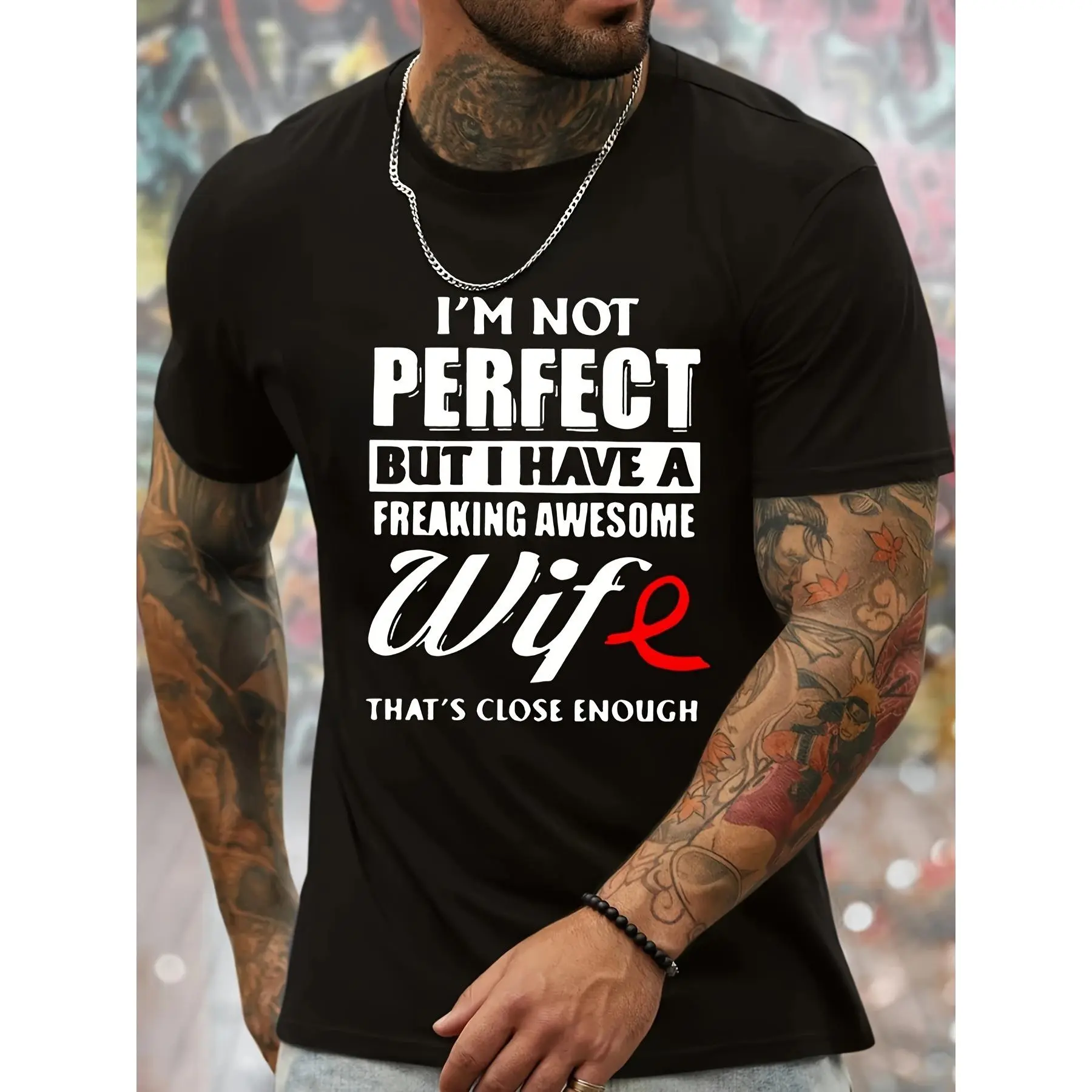 I have a freaking awesome wife men's crew neck casual short sleeve sport T-shirt, stylish and versatile, sporty style, comfortable fitted T-shirt, as a gift Made in USA