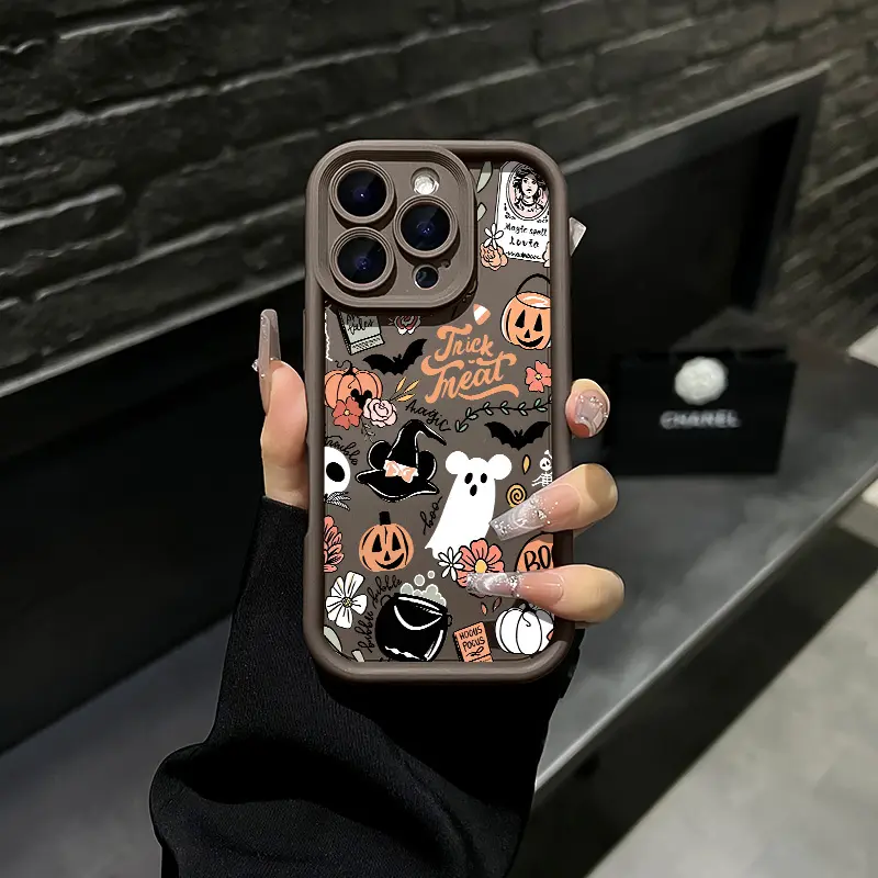 Cute Halloween Ghost Pumpkin Doodle Pattern iPhone Case, Retro Trick or Treat Cartoon Print Phone Case Suitable for iPhone 17 Air 16 Pro Max 15 14 Plus 13 12 11 Plus XR XS Samsung Galaxy S26 Ultra S25 Ultra S24 S23 S22,Shockproof Durable Protective Case