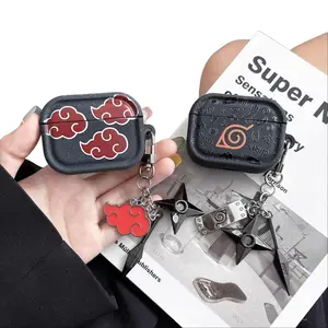Suitable for Apple AirPods 4th generation earphone protective case with Naruto anime logo, AirPods Pro 3 premium gray Bluetooth earphone case with keychain