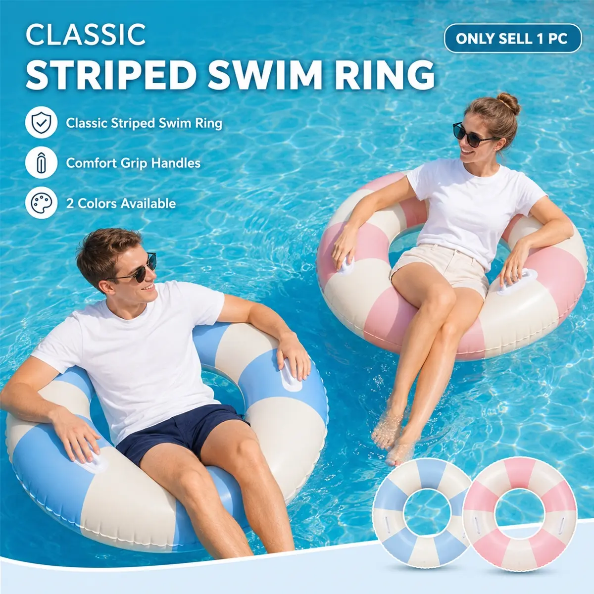Striped Inflatable Pool Floats for Adults, Heavy Duty Swimming Rings with Comfort Handles, Large Floaties Pool Tubes for Summer Water Party, Portable Floating Rings, Durable PVC Swim Ring for Relaxation and Fun,for Lake Beach and Pool Lounging