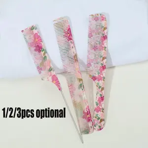 Flower Pattern Hair Comb Set, Pointed Tail Comb & Hair Smoothing Comb, Heatless Styling Tools for Women & Girls, Suitable for Multiple Types of Hair Textures, Floral Print, Floral Design Combs, Hair Care Comb
