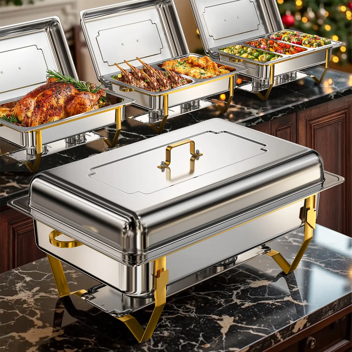 【Home Essentials】WARMOUNTS 9QT Cap. Dual-Tone Rectangular Gold Chafing Dishes for Buffet, Mirror-Polished Stainless Steel, Foldable Frame, Rolled Rim, Mix Pans for Buffet Layout, Large Volume, 2/4/6 Multiple Packs (Full-Size/Multi-Size Options)