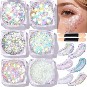 Body Glitter Face Glitter Makeup Festival Glitter, Body Glitter Gel, Hair Glitter Gel, 6 Shapes Rave Glitter, Mermaid Sequins Makeup Glitters Face Paint, Chunky Sparkling Glitter Gel for Women