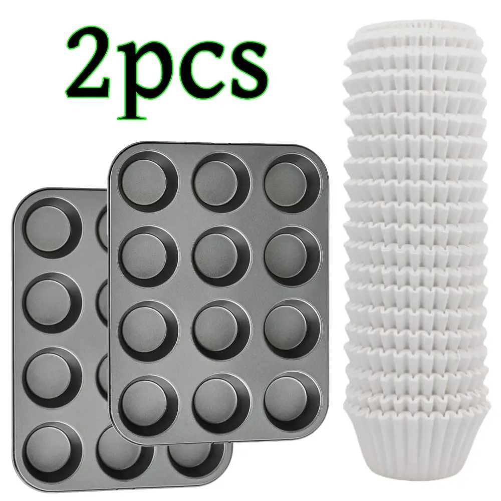 2-Pcs 12-Well Nonstick Carbon Steel Muffin Pan Set with 200 White Cupcake Liners, Heavy-Duty Baking Supplies Tin for Baking, Baking Set, Parchment Paper, Oven Safe, 24 Cups, 10.55 X 13.9 X 1.22 Inches