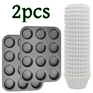 2 pcs 12-Well Nonstick Cupcake Pan with 200 White Cupcake Liners Heavy Duty Steel Muffin Pan for Baking, Carbon Steel Baking Supplies Muffin Tin