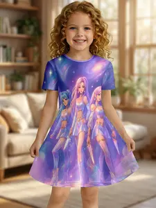 Girls Summer Starry Sky Female Warrior Print Dress, Kids Purple Pink Gradient Crew Neck Short Sleeve A-Line Dress