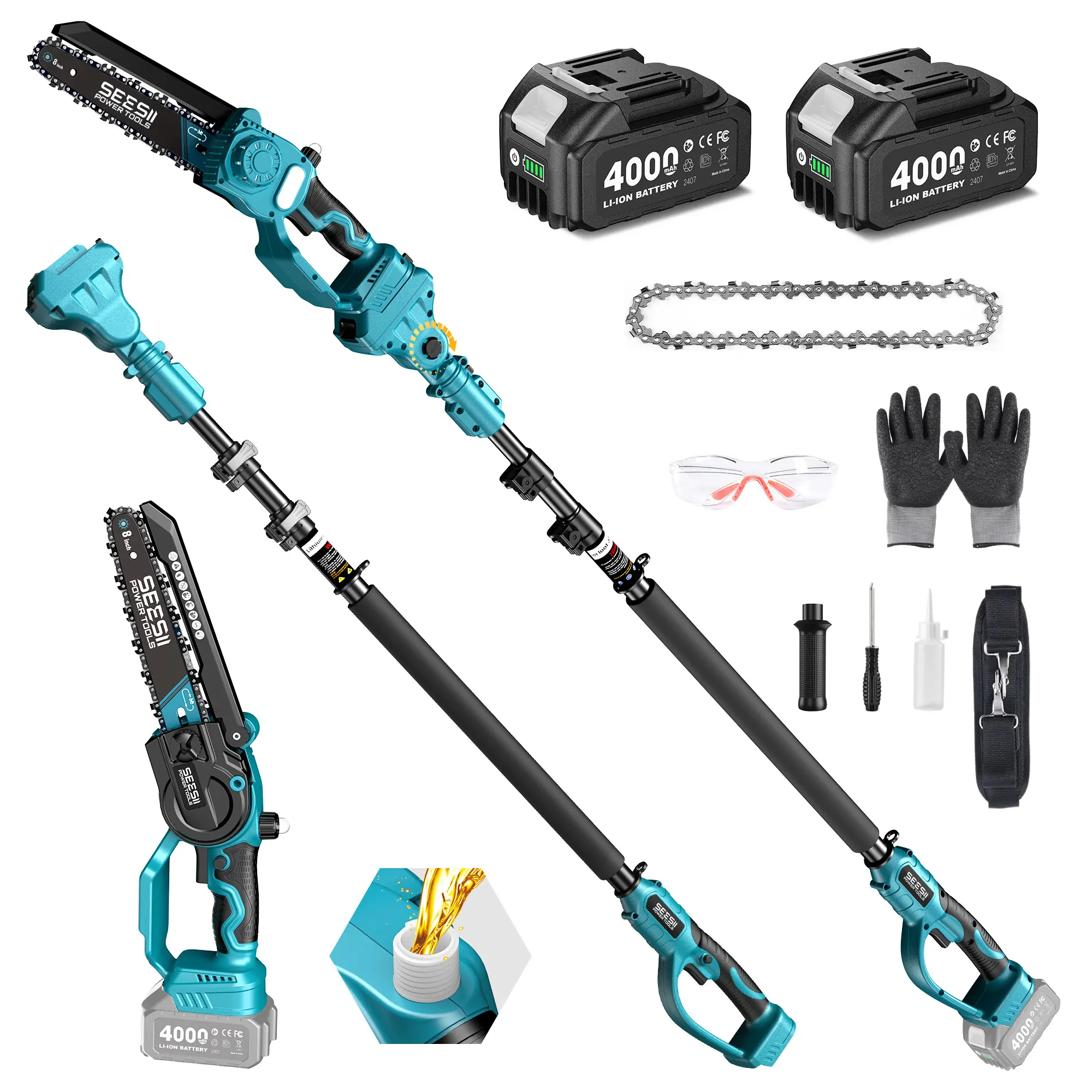【FathersDay Gift】SEESII 2 in 1 Cordless Pole Saw & Mini Chainsaw with 2 Batteries, Power Electric Polesaw for Tree Trimming, Chain Saw with Extension Pole, Working height 16FT Reach, Limb Branch Cutter Pruner P8 Ace/P6 Ace CH800