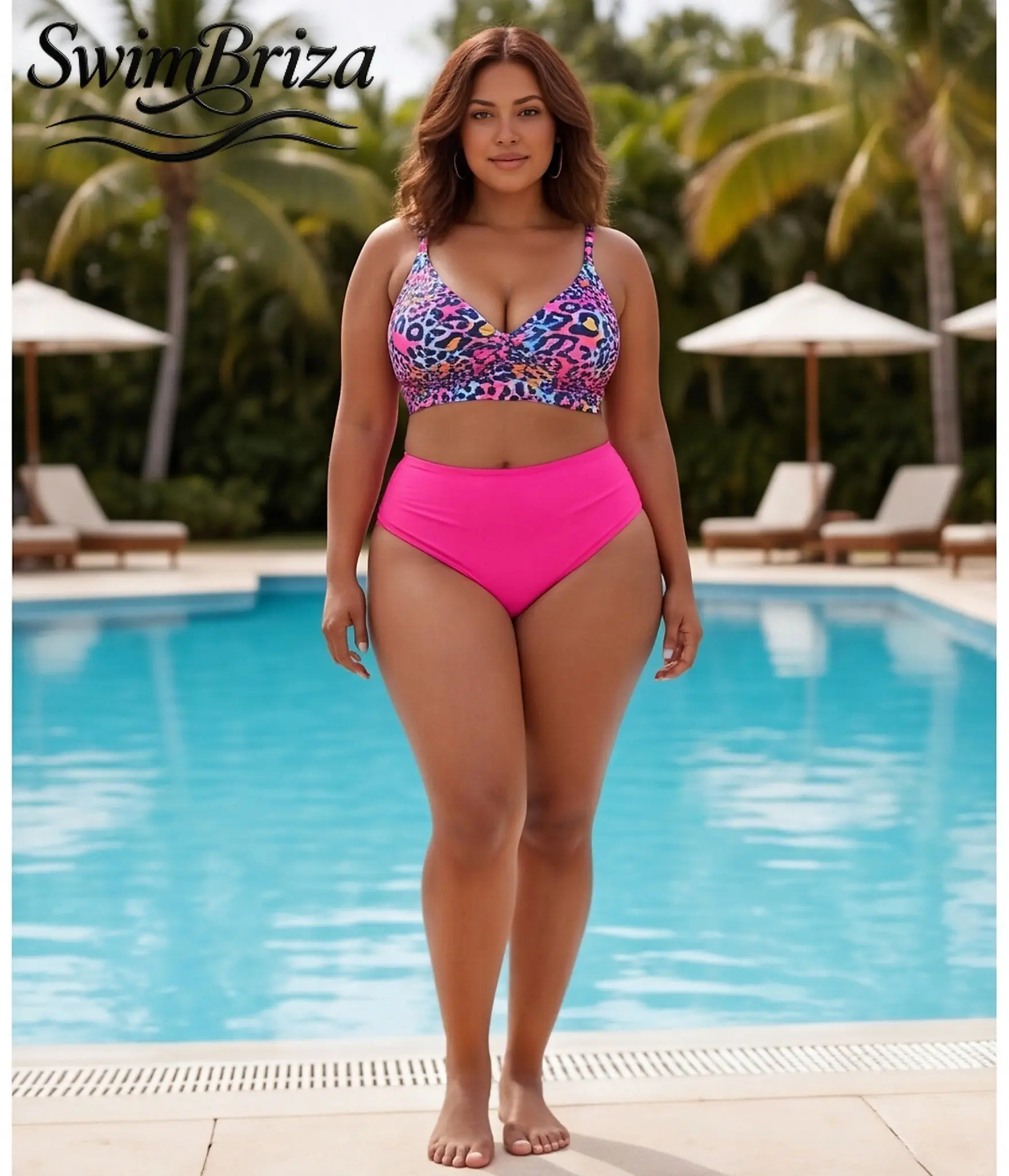Briza｜Women's Plus Size High Waisted Bikini Set with Push Up Top and Tummy Control Bottom in Neon Leopard Pink, Cute Two Piece Bathing Suit for Vacation Beach Pool Swimwear Summer Resort Outfit, Women's Swimwear, Bathing Suit for Women