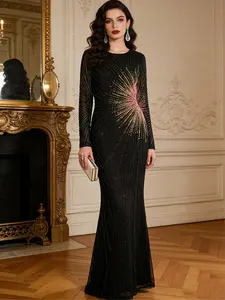Women's Sequin Formal Evening Gown, Luxurious Wedding & Engagement Dress, Perfect for Birthdays, Star Style Party Wear, Long Slim-Fit Sleeves