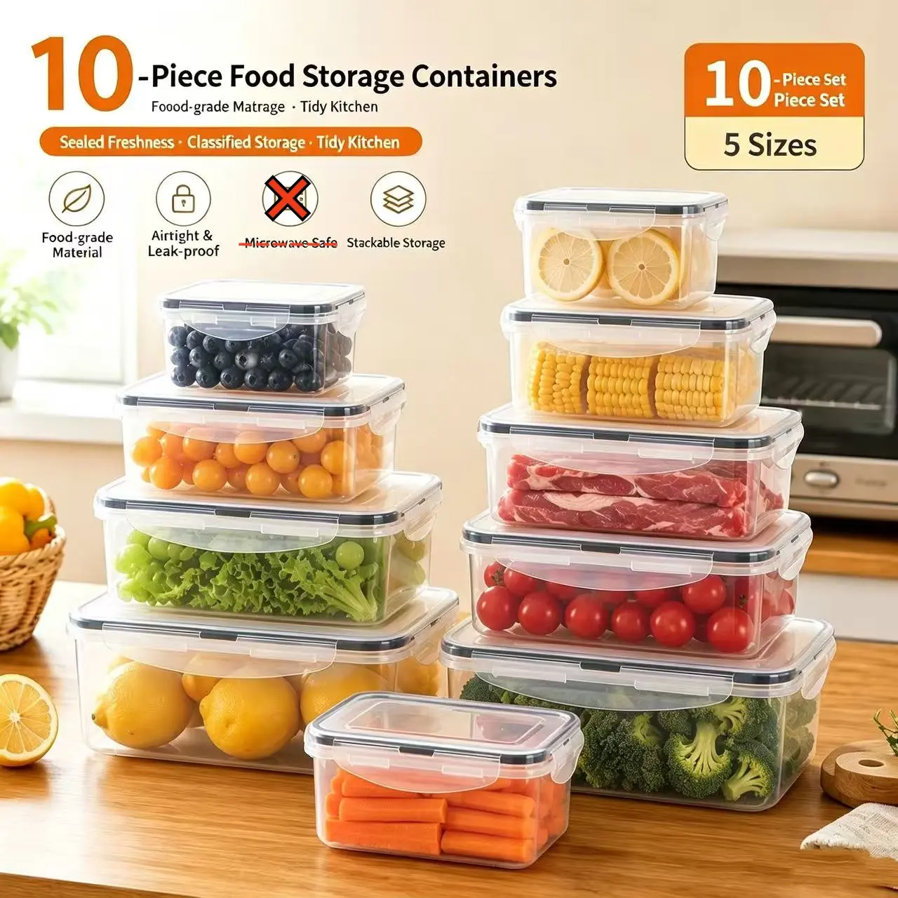 10-Piece Airtight Food Storage Containers Set, Stackable Leak-Proof Plastic Boxes for Kitchen Fridge Organizing, Meal Prep & Pantry Storage