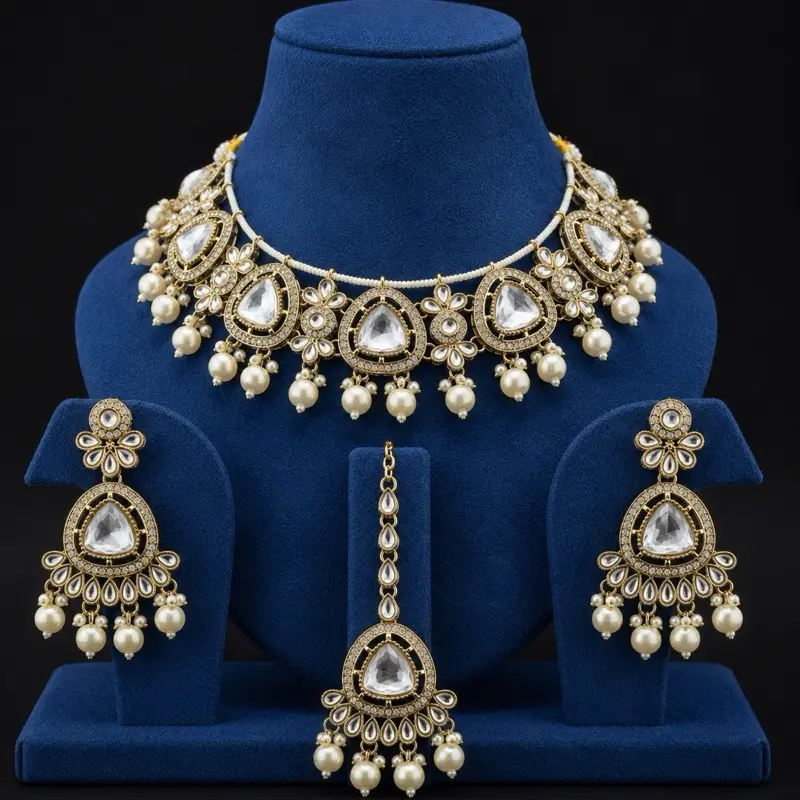 Women's Polki 3-Piece Matching Elegant Jewelry Set - Dainty Indian Daily Accessories, Includes Necklace, Earrings and Maang Tikka, Matching Jewelry Set