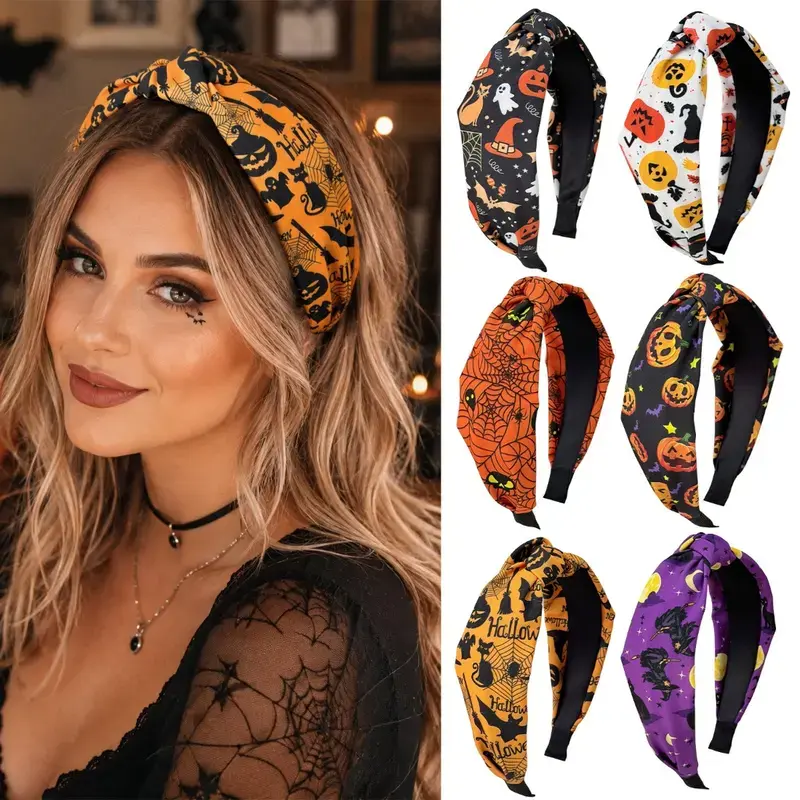 Women's & Girls' Cute Halloween Polyester Knotted Wide-Band Headband, Spooky Pumpkin Ghost Prints Hair Hoop for Halloween Party, Cosplay, Fall Festival Fashion Accessories