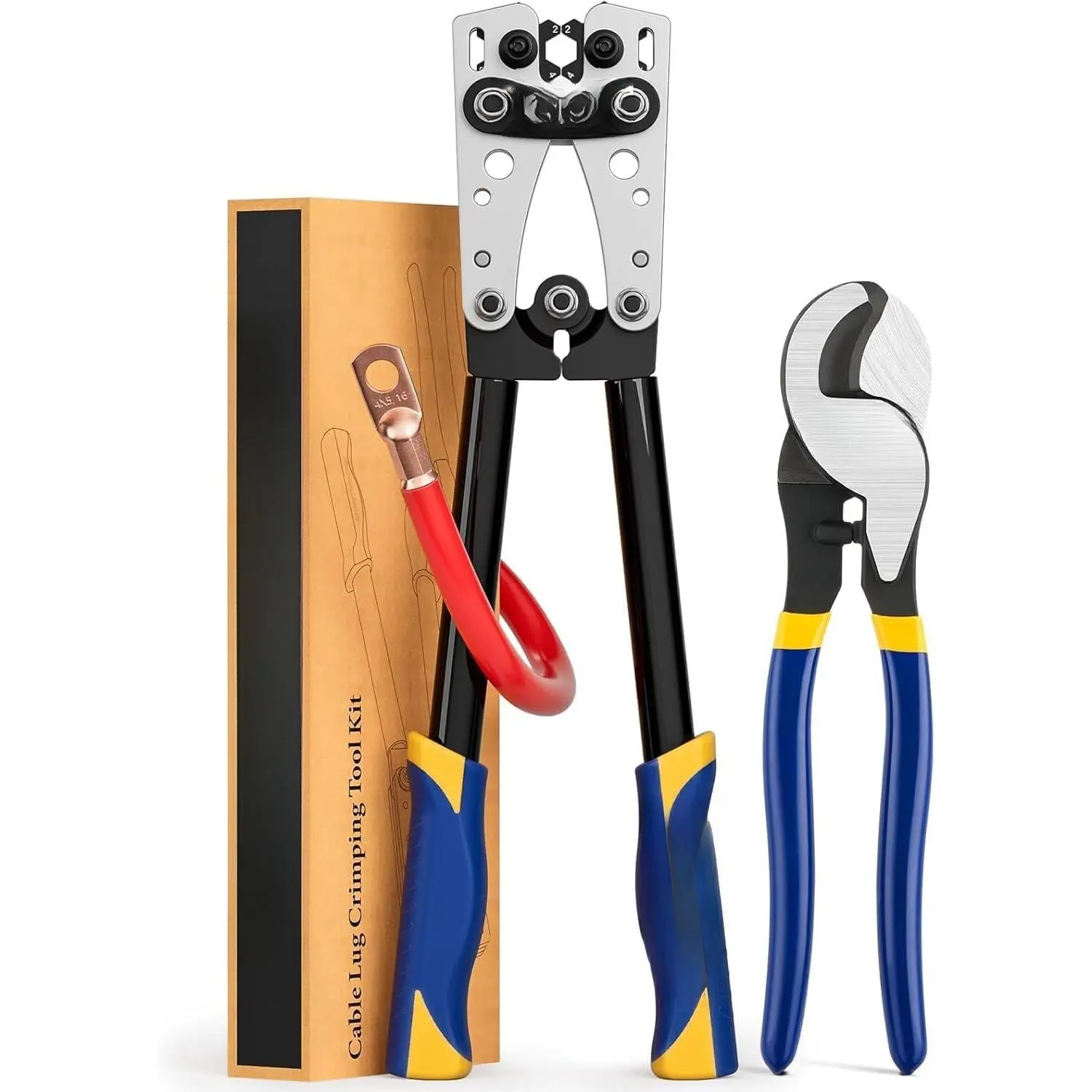 Heavy Duty   Crimping Tool Kit-Ratchet Hex Extended Handle Crimper for 8,6,4,2,1,1/0 AWG Copper Lugs with