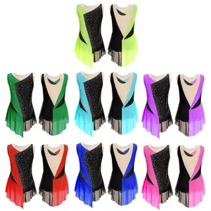 easyforever Girls Figure Skating Dress Competition Costume Rhinestone Sleeveless Leotard Color Block Dance Clothes