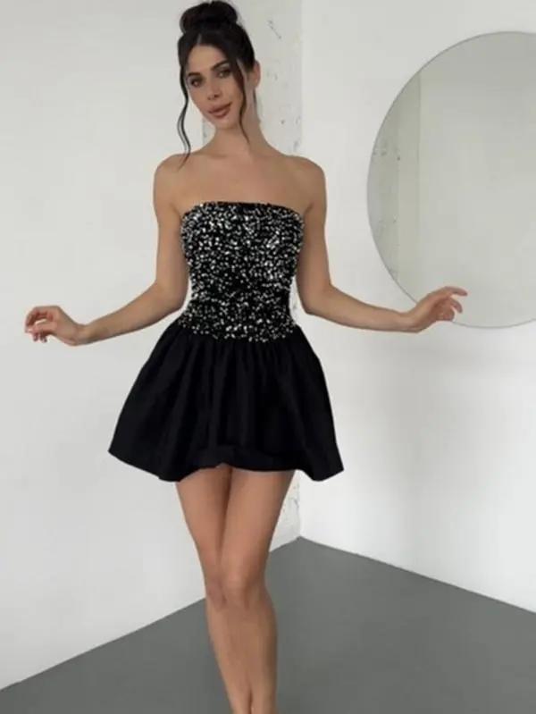 Women's Sequined Embellished Dress - Stylish Bubble Skirt, Fitted Sleeveless Tube Baby Doll Design for Party Wear, Boosting Elegance
