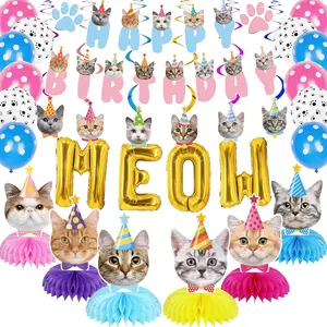 Cat Birthday Party Supplies Party Decorations Includes 1 Birthday Banner, 6 Honeycomb Centerpieces, 6 Hanging Swirls With 6 Cat Cutouts, Meow Letter Balloons And 12 Balloons