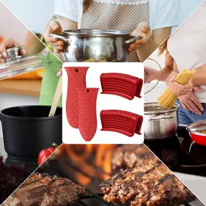 4 Pack Assist Pan Handle Sleeve Holders Non Slip Rubber Holders Handles Grip ,for Cast Iron Skillets Frying Pans Griddles Cookware (Red) Kitchen Silicone