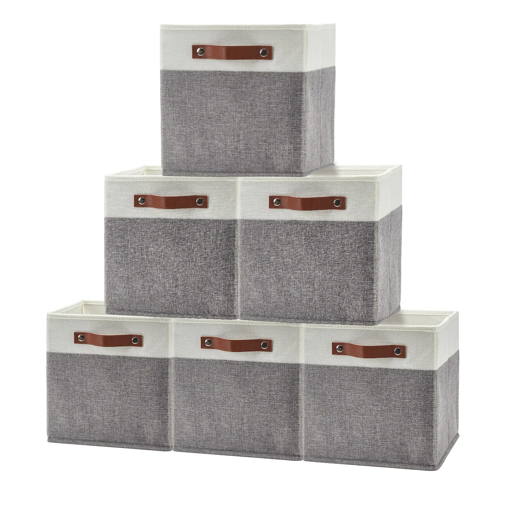 6PCS Storage Cube Bins, 13x13 inch Foldable Linen Fabric Baskets with Leather Handles, Collapsible Shelf Organizer for Closet Cubby Shelves