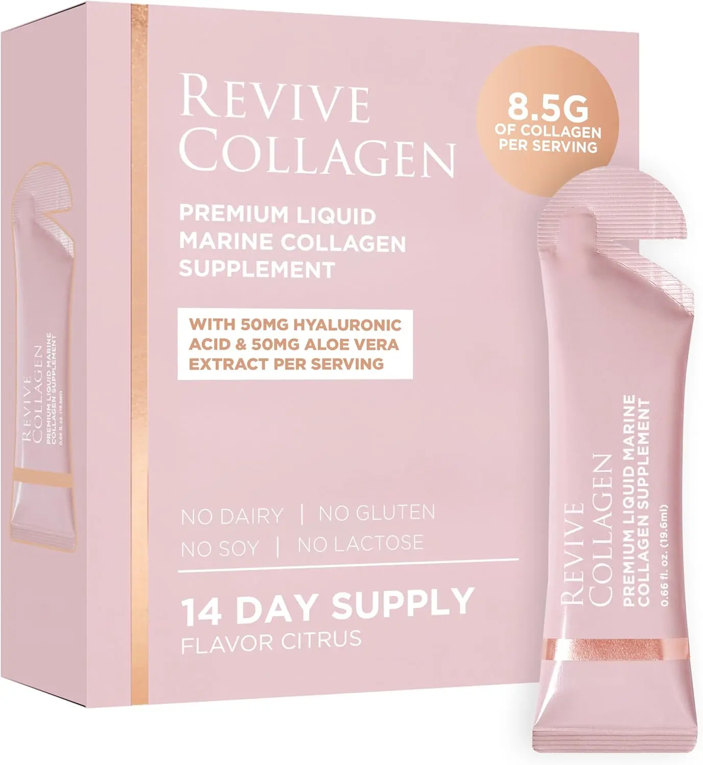 Revive Collagen Premium Dietary Beauty Skin Care Liquid Supplement - 8500MG Hydrolyzed Marine Collagen Drink for Women, with Hyaluronic Acid, Aloe Vera Juice, Hydration Support, Lemon & Lime Flavour, 14 Sachets