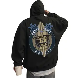 Trending Men's North Shore Hawaii Surf Style Hoodie with Tropical Hibiscus & Surfboards Print - Regular Fit Long Sleeve Pullover, Machine Washable, for Winter Spring Fall, Casual Streetwear & Outdoor Surf Apparel