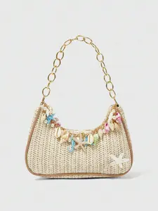 Fairycore 1pc Summer Beach Starfish Series Shell & Seashell Woven Shoulder Hand Carry Bag, Beach Bag, Straw Handbag For Women (Charm Color & Style Randomly)