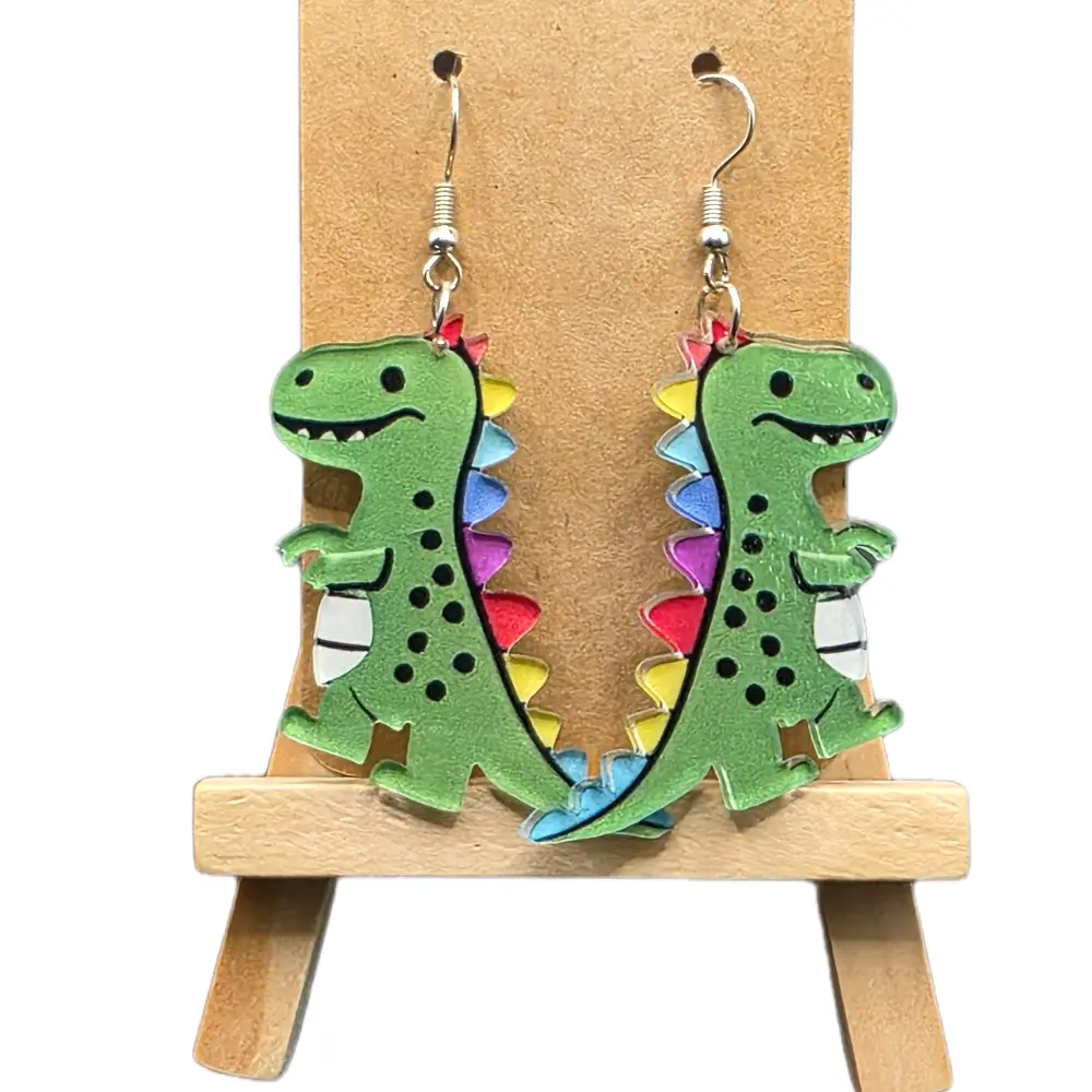 Cartoon Character Green Dinosaur Animal Earrings - Unisex Casual Costume Jewelry with Stylish Unique Long Acrylic Pendants, Unisex Fit, Long Pendant