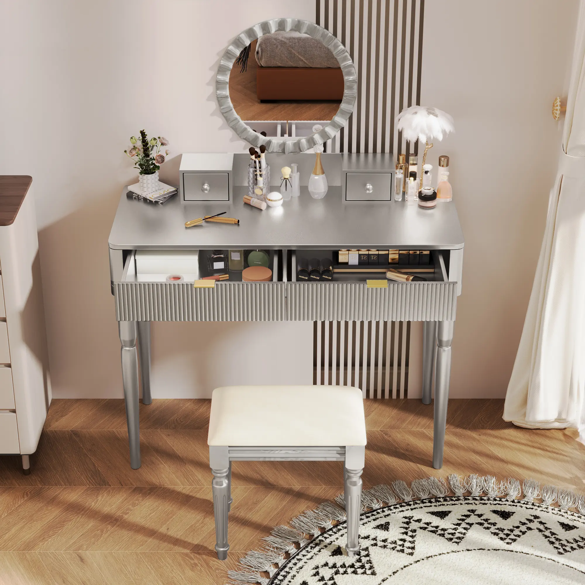 Modern Luxury Silver Makeup Vanity Desk Set with Round Sunflower Mirror, Height-Adjustable Dressing Table, 4 Drawers and Stool, Dressers, Fluted