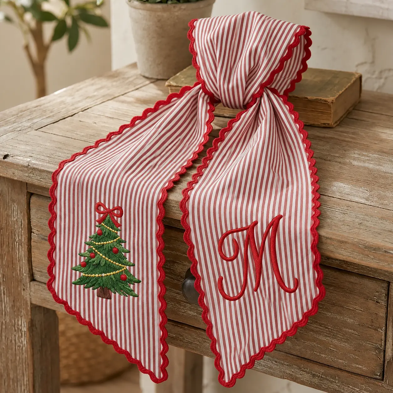 (Please send the personalization details to me via message) Personalized Christmas Tree Wreath Sash, Custom Monogram Front Door Decor, Embroidered Linen Ticking Bow, Farmhouse Holiday Porch Decoration