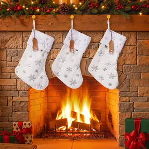 Snowflake Christmas Stockings Set of 3 - White Quilted Stockings with Sparkling Sequins, Jingle Bells & Snow Cuff, 20 Inch Large Xmas Stockings for Fireplace, Nordic Winter Holiday Decor