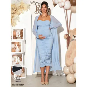 Loomaby 2pcs/Set Pregnant Women Party Wear Sequined Long Cardigan And Solid Color Ruched Fitted Tube Dress, For Baby Shower Party, For Maternity