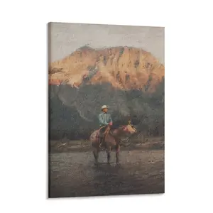 Texas Heritage Western Cowboy Canvas Wall Decor, Vintage Mountain Landscape Oil Painting, Rustic Wood Framed Poster, Southwestern Farmhouse Aesthetic Room Decor