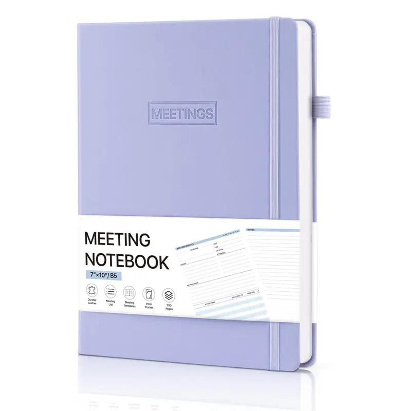 Hardcover Meeting Notebook, B5 Work Planner Notebook with Action Items, Easily Take Meeting Notes & Keep Agendas on Track, Calender, Index Page, Inner Pocket, 7×10 Inch, Purple
