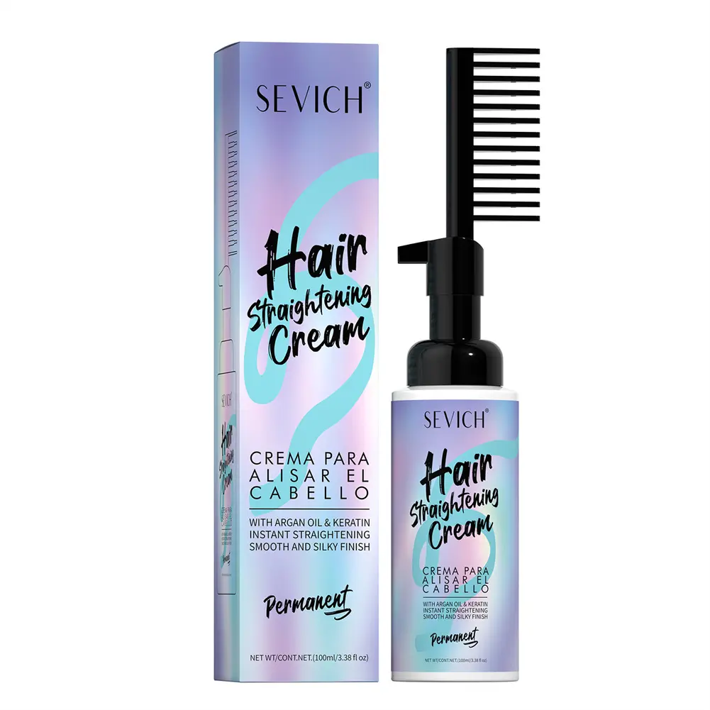 SEVICH Hair Straightening Cream with Comb Applicator - Keratin & Argan Oil, No Damage, Instant Smooth for Frizzy Curly Hair, 100ml