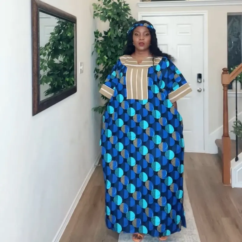 Ankara Boubou with Aso Oke Trim - Blue and Green Patterned Dress with Traditional Design Elements