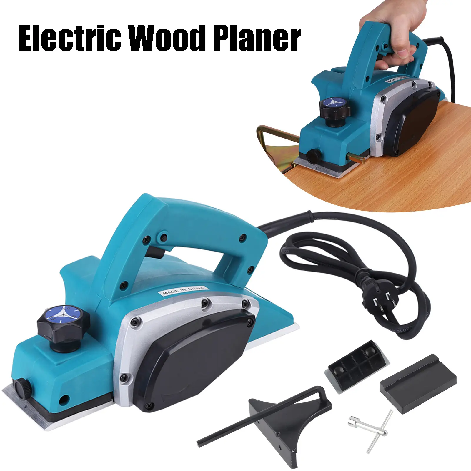 Portable Electric Wood Planer - 800W 110V Copper Handheld Woodworking Power Tool, 13000-16000rpm, Self-Lock Switch, Contoured Top Handle, Aluminum Base, Socket Spanner for Home Furniture Smooth Finish Flat Surfaces (inches-compatible), 200 W & Above, 1 X,