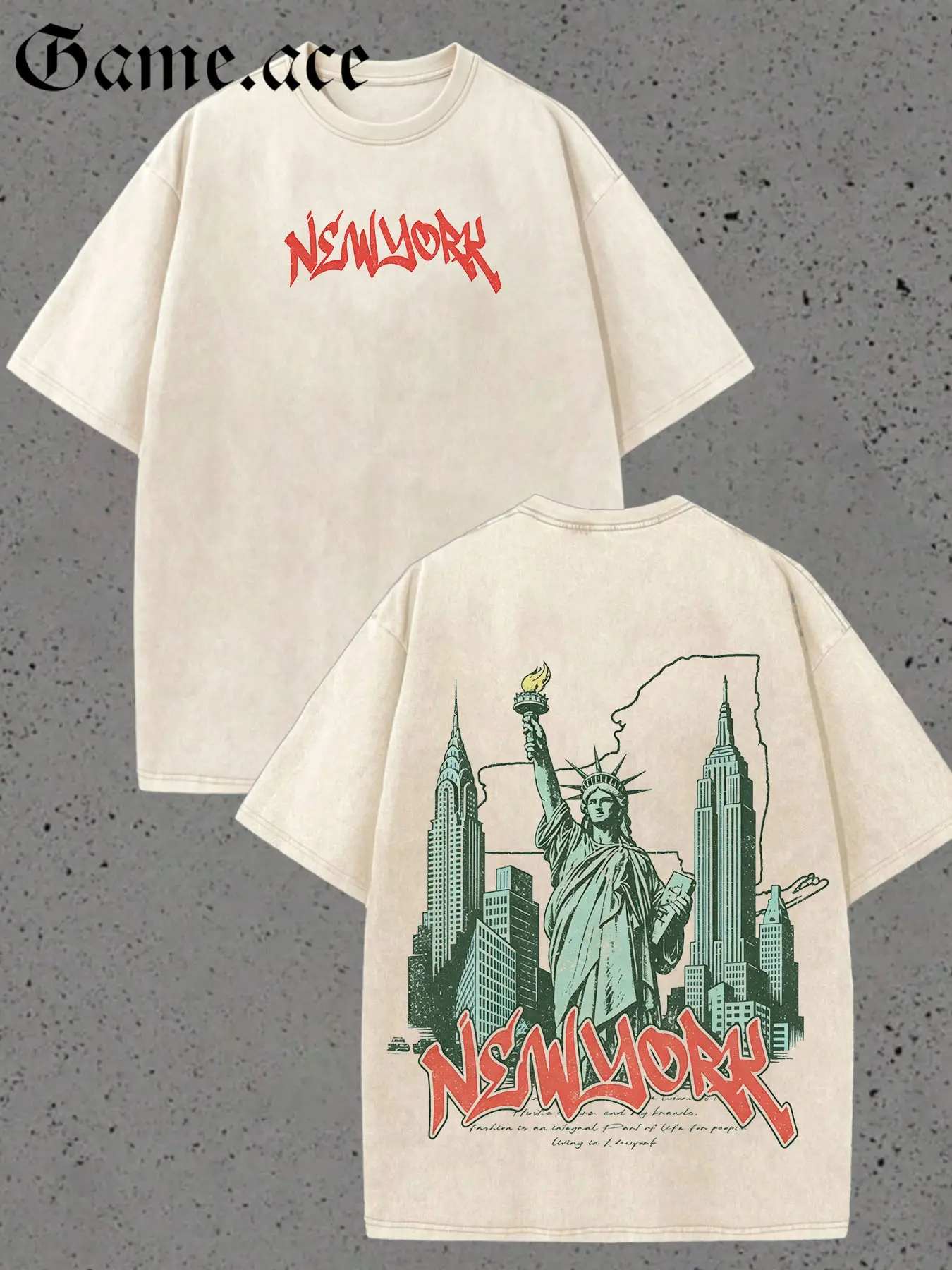 1 PCS Washed 100% Cotton Oversized Unisex T-Shirt, Front Small Letter Back Large New York Statue of Liberty City Skyline Graphic Tee, Vintage Retro Short Sleeve Casual Streetwear Top For Men Women