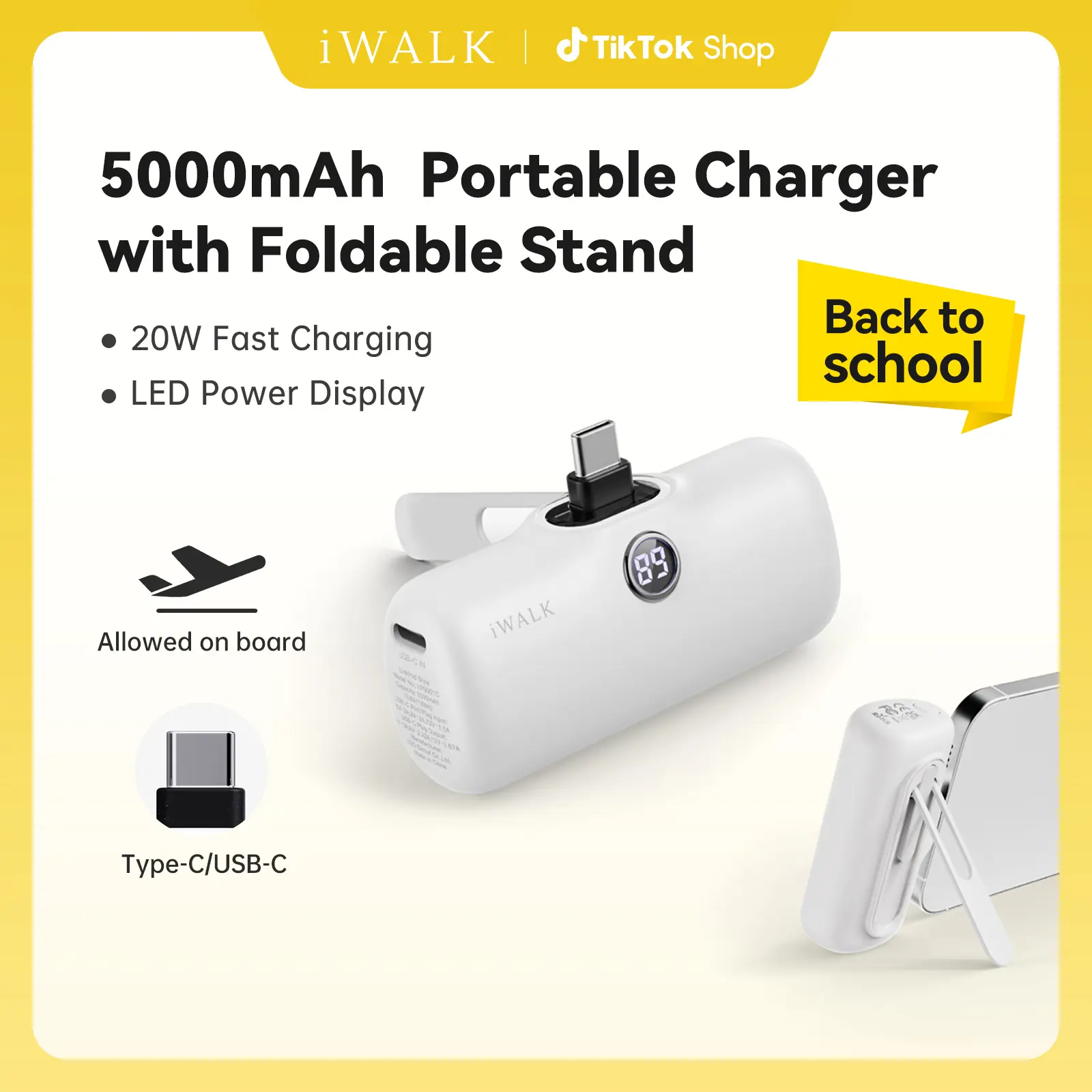 iWALK 20W PD Mini Portable Power Bank - 5000mAh High Capacity Battery, 2-Way Fast Charging, Foldable Metal Plug, USB Accessory for iPhone17/16/15 & Samsung, Pink EDC Gear for On the Road Use,back to school,back to school haul