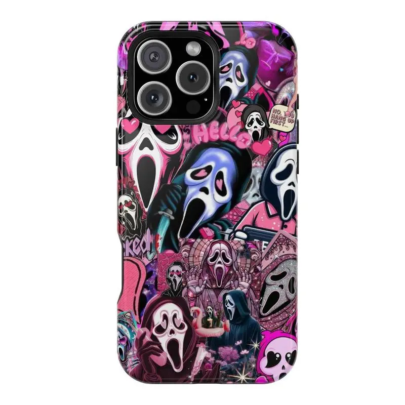 Cute Aesthetic Pink Ghost Face Scream Horror Movie Halloween Smartphone Cover - Protective Mobile Phone Accessory Compatible with iPhone X,11,12,13,14,15,16 & Samsung S22,S23,S24,S25 - Check Available Sizes